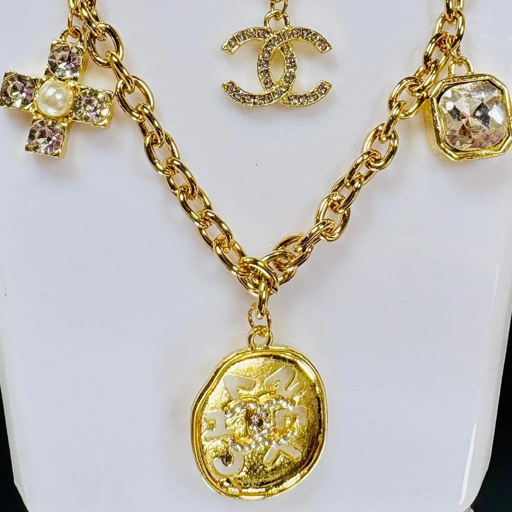 A-1FN-4: NECKLACE: Double Gold-Tone Featuring Dazzling Monogram Charms, NWOT